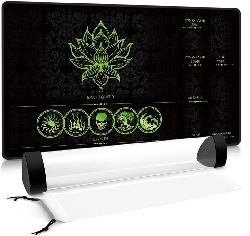 FROGIGO MTG Playmat with Play Zones – Magic Play mat Card Game Mat for Magic The Gathering, Lotus & Basic Lands Design, 24x14 inch, Stitched Edge, Non-Slip Base with Prismatic Playmat Tube-Green Zone - Image 1